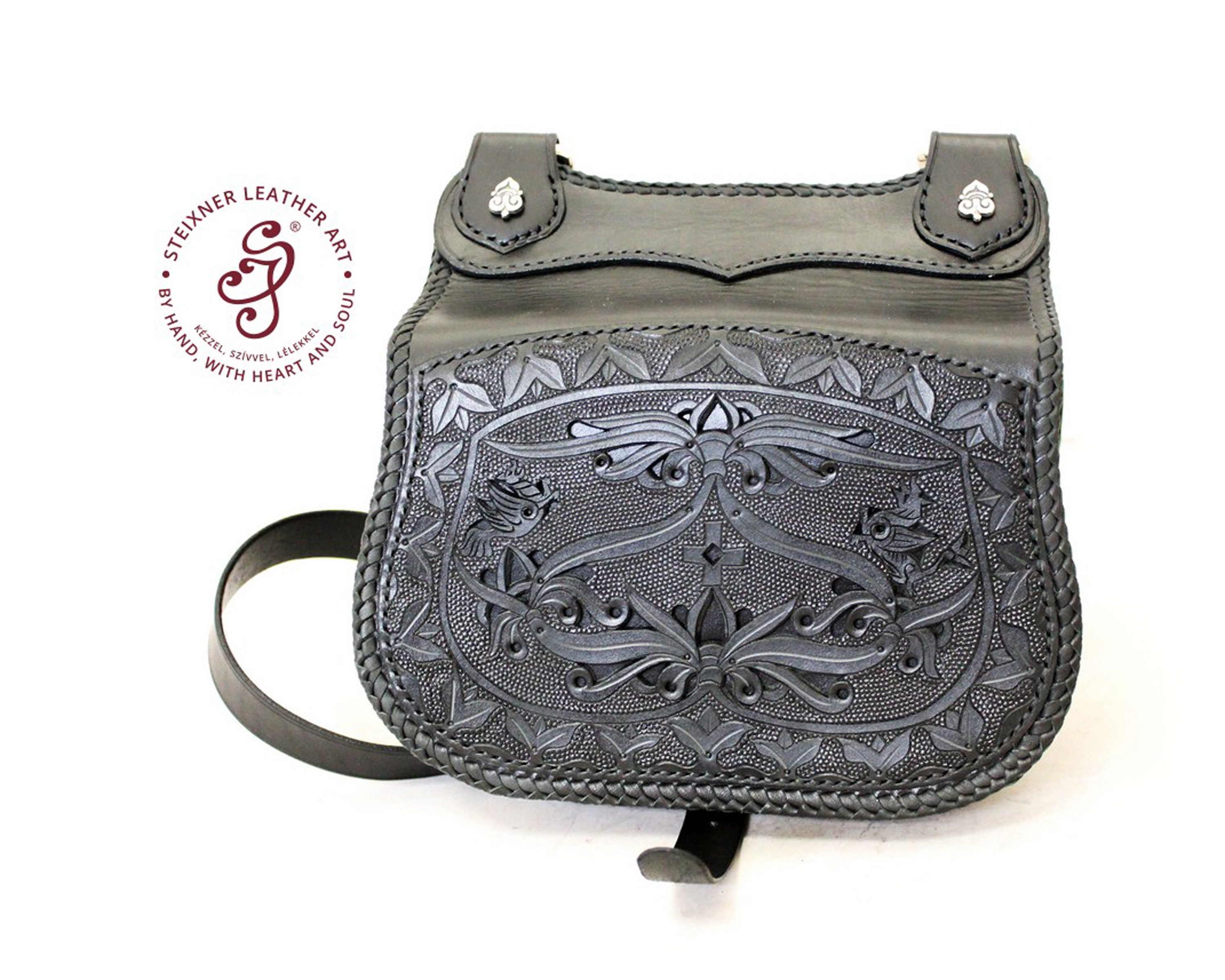 Ungarische Volkskunst schwarze Leder Umhängetasche, personalisierte handgemachte Damen Ledertasche Volkstanzlehrer Geburtstagsgeschenk, Leder Satteltasche
