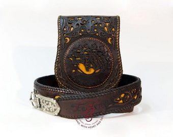 Scythian leather belt pouch leather sporran, Handmade leather tarsoly miracle legendary deer motif, Hungarian folk ancient traditional pouch