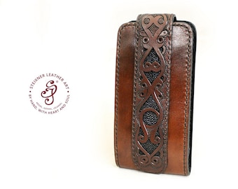 Hand tooled mobile holder with magnetic closure, Leather smartphone case with card slots, Handmade Leather Wallet Phone case -made to order