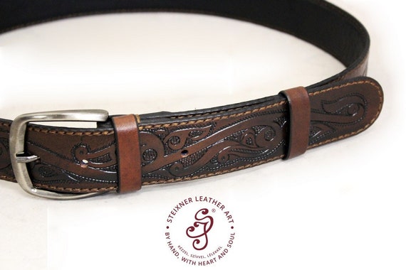 Carved Leather Belt, Western Floral Belt With Silvered Belt  display picture 1