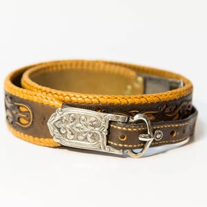 Full grain leather cowboy belt, Custom Tooled leather belt with Hand tooled western floral belt buckle, Handmade Personalized Gift for men image 3
