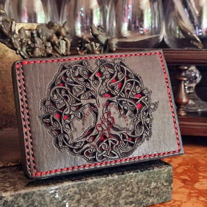 Tree of Life Leather Dollar Wallet with card holder, North symbols, Viking symbols, leather wallet, handmade leather wallet. Gift for her