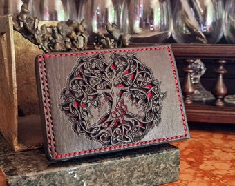 Tree of Life Leather Dollar Wallet with card holder, North symbols, Viking symbols, leather wallet, handmade leather wallet. Gift for her