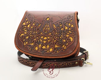 Hand carved leather Shoulder Bag for women with Hungarian Folk Design, Celtic leather bag, Retro floral purse with shoulder straps