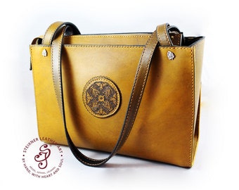 Brown leather tote bag, Saddle bag with mandala, Shoulder leather bag for Women, Gift for Her