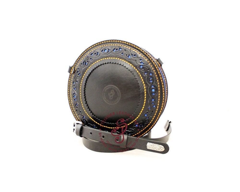 Tooled Leather Round Bag, Black Leather Circle Bag, Small Leather ...