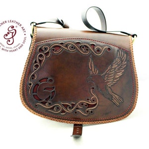 Hand tooled leather shoulder bag with falcon, Custom Leather saddle bag with initials, Monogram tooled leather bag, 21st birthday gift