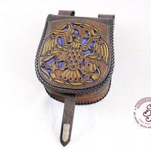 Early Medieval Leather BELT POUCH Bag, Historically Inspired Carving &quot;Mammen Eagle&quot;, Reenactment, Viking, LARP, Hip Waist Bag