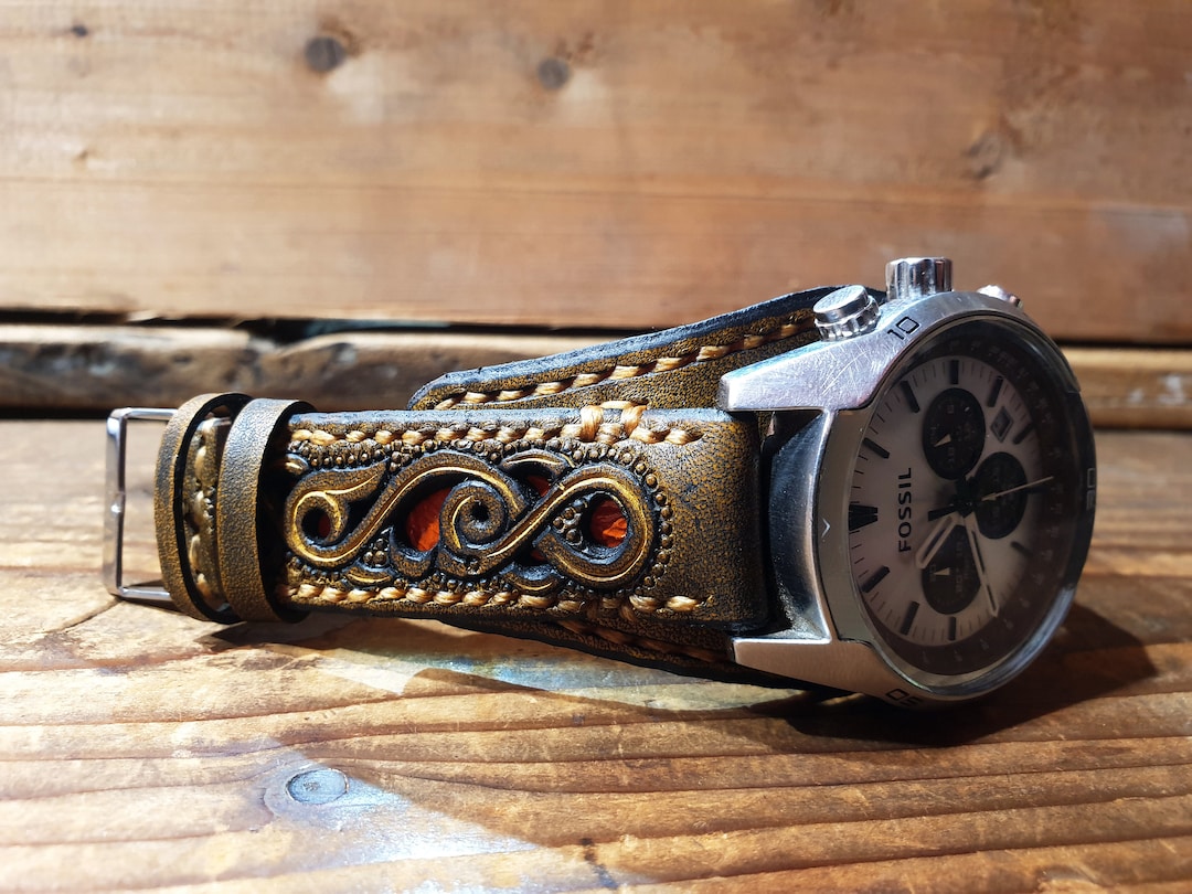Hand Tooled Leather Watch Band, Vintage Style Watch Strap