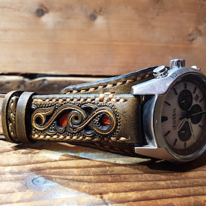 Hand Tooled Leather Watch Band, Vintage Style Watch Strap, Leather Watch Cuff, Engraved, Custom Watch Strap, Retirement Gif