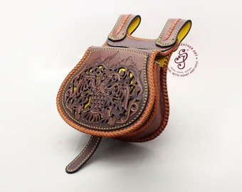 Handgeschnitzte Hüfttasche, Gürteltasche mit dem Vogel der Freiheit, ungarische Tarsoly Ledertasche für Larp, mittelalterliche Geldbörse Steampunk, Fantasy Kostüm