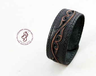 Hand Tooled Bracelet, Brown Leather Wristband, Festival Bracelet, Leather Jewelry, Veterans Day Gift, Artisan Accessories, Engraved Leather