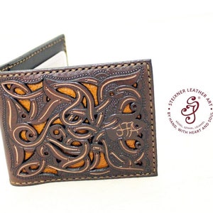 Hand Tooled Leather Business Card Wallet, Celtic Victorian Medieval Fashion Leather Cards Holder and Bills Case Wallet for birthday gift