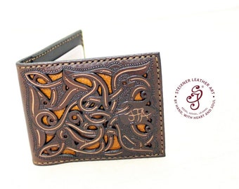 Hand Tooled Leather Business Card Wallet, Celtic Victorian Medieval Fashion Leather Cards Holder and Bills Case Wallet for birthday gift