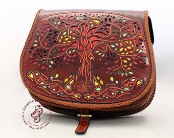 Full Grain Hand Tooled Leather Crossbody Bag, Celtic Tree of Life Pattern Genuine Saddle Bag, 3rd Anniversary Gift, Leather Shoulder Bag
