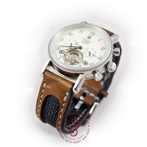 Stingray watch strap, Luxury Groomsmen watch, Hand tooled leather watch band Best man gift, Custom exclusive watch band custom watch strap