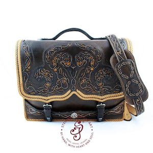 Mens Leather Briefcase with snake, Leather Crossbody Messenger LapTop File Bag, Hungarian style designer bag, Leather Briefcase/Attaché-case