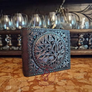 Leather Tree of Life Wallet, Norse Mythology Engraved Wallet, Tooled Leather 3rd Anniversary Gift, Celebration of Life Nature Lover Gift image 1