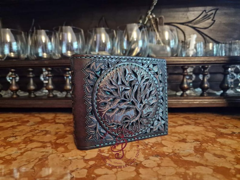 Leather Tree of Life Wallet, Norse Mythology Engraved Wallet, Tooled Leather 3rd Anniversary Gift, Celebration of Life Nature Lover Gift image 1