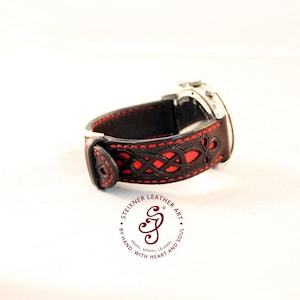 Hand Tooled Leather Watch Strap with Stingray Leather, Brown and Red custom leather watch band with celtic knot, engraved Best dad gift idea
