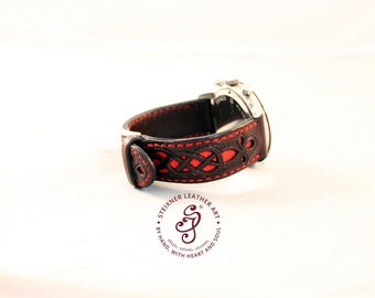 Hand Tooled Leather Watch Strap with Stingray Leather, Brown and Red custom leather watch band with celtic knot, engraved Best dad gift idea