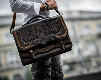 Full Grain Leather Bag, Men Messenger Bag, Hand Tooled Leather Briefcase, Accessories For Men, Handmade Laptop Bag, Artisan Briefcase, Brown