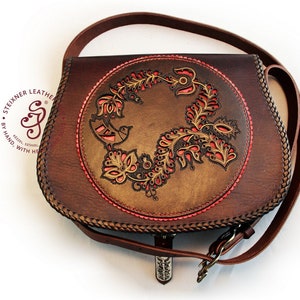 Designer messenger bag, Big tooled leather purse, Hungarian folk tale design Capacious leather bag, Foxy crossbody bag, Bag with bird flower