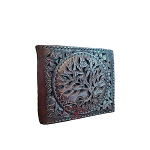 Cartera de cuero con el árbol de la vida, cartera con grabado de mitología nórdica, regalo de cuero repujado para el tercer aniversario, regalo para amantes de la naturaleza y la celebración de la vida