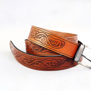 Custom Leather Belt, Men Brown Belt, Engraved Leather Belt, Festival Accessories, Hand Tooled Leather Belt, SteixnerLeatherArt, Veterans Day