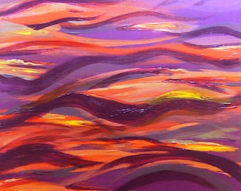 Contemporary acrylic painting with vibrant purples, copper and orange