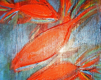 Original painting with bold, vibrant textures and colors: "Fish Follies"