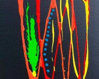 Set of 2 bold, original paintings. Bright neon colors. Acrylics on canvas. Each is 8” x 10” x 3/4”. Can hang on small nail.