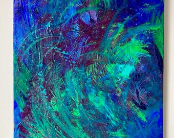 Blue Tropics: original signed painting with bold, vibrant, blue, green, purple tropical colors