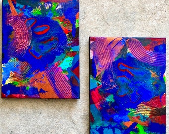Set of 2 small, original paintings. High gloss, with beautiful colors and textures. Each is 6” x 8”. Can hang on small nail.