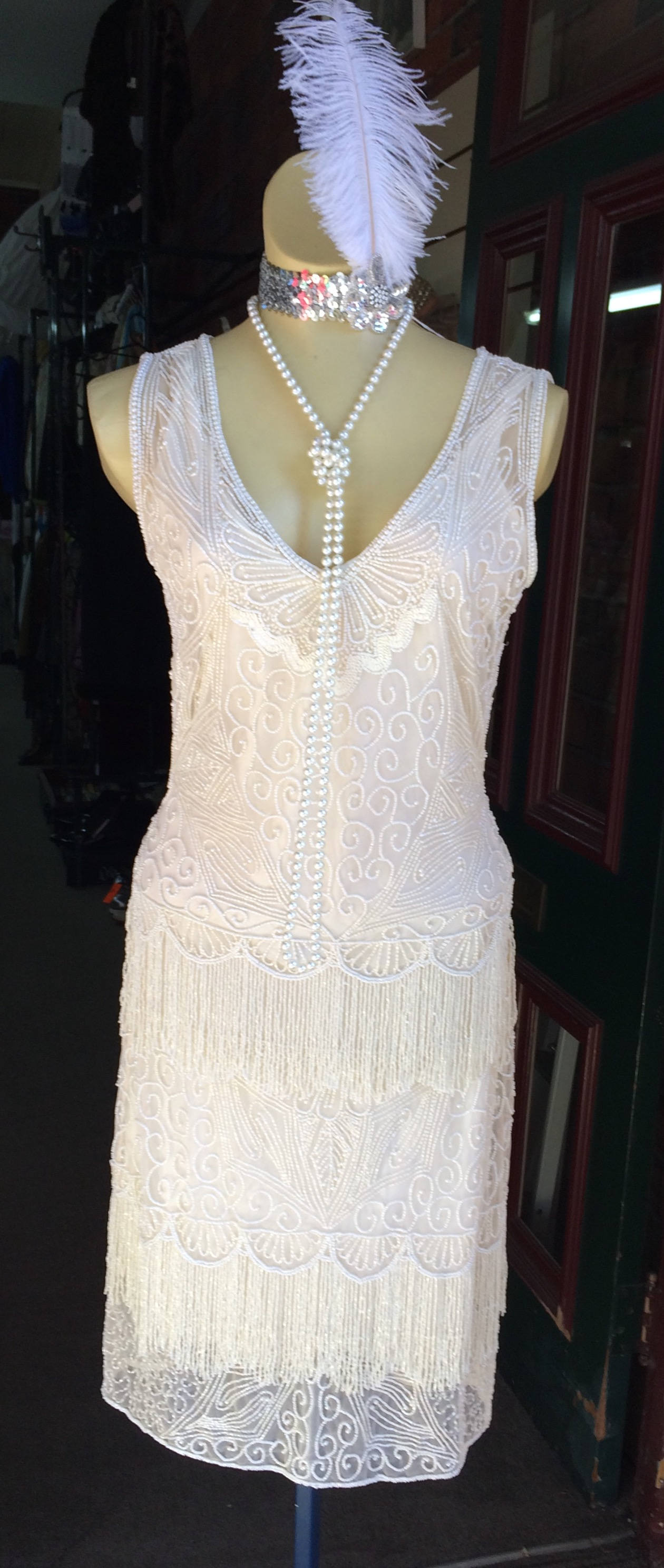 cream beaded flapper dress 1920s Dress, Hand-beaded Fringe Mikado A-Line Wedding Dress Color:Bleuet NO Regular Fit
