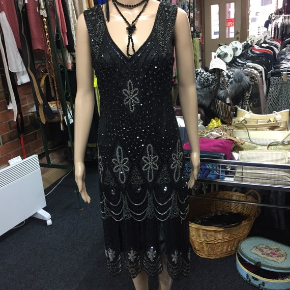 1920's Black Flapper Dress/Black Beaded Dress - image 1