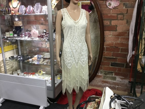 Cream Flapper Dress/1920s Cream Dress/Cream Beade… - image 8