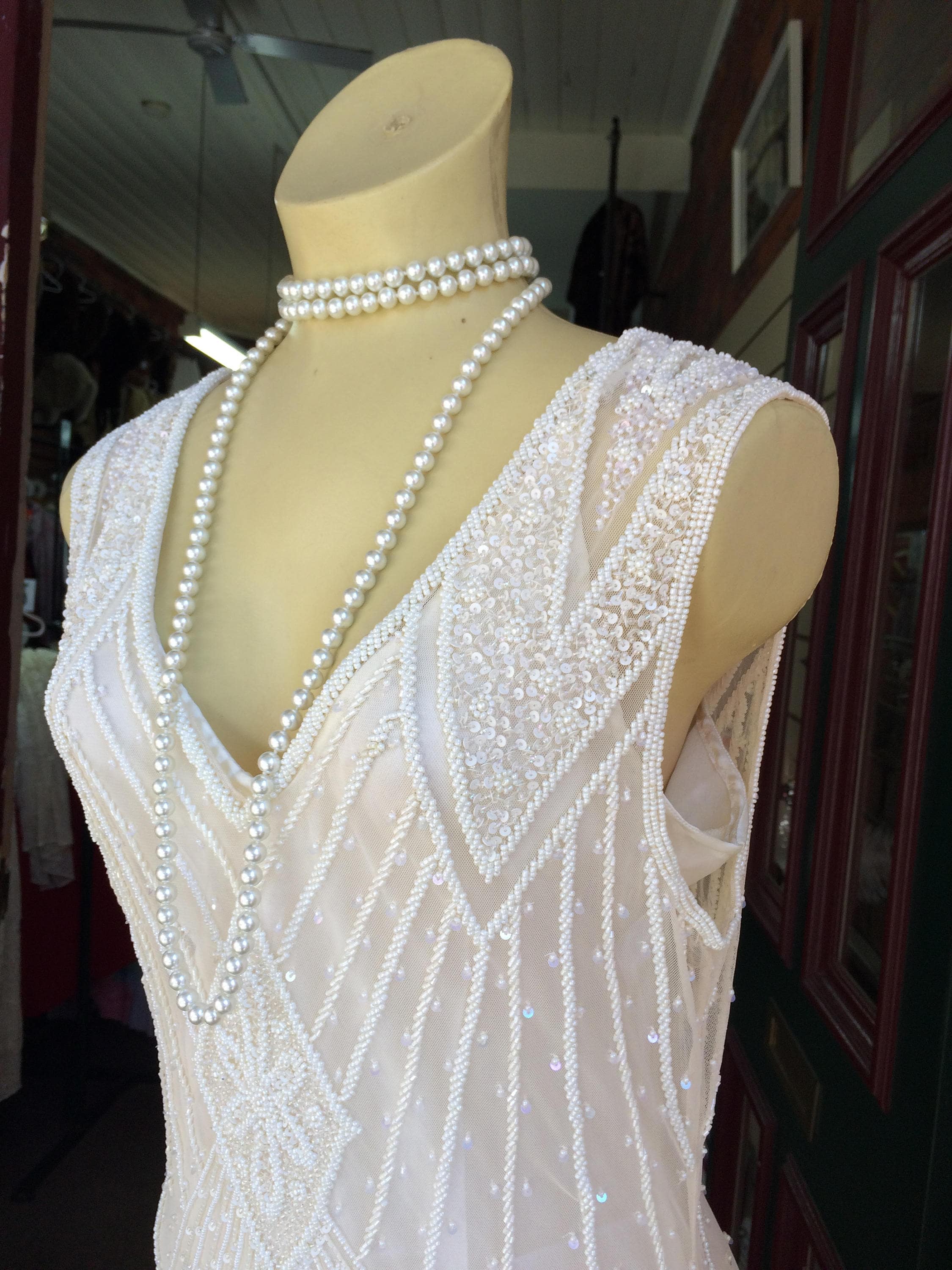 cream beaded flapper dress Cream and Gold 1920s Beaded Downton Abbey Flapper Dress-Cremieux