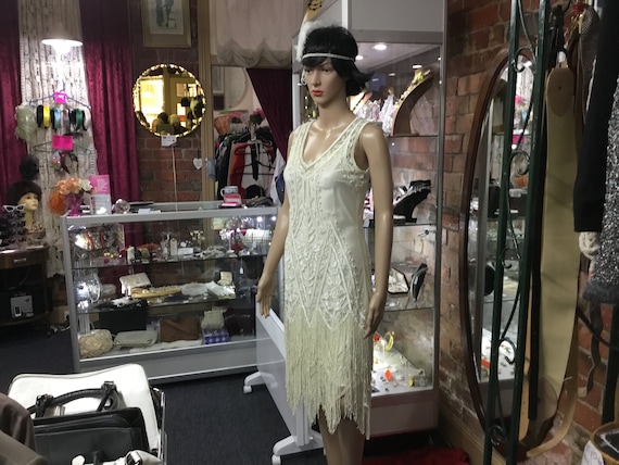 Cream Flapper Dress/1920s Cream Dress/Cream Beade… - image 10