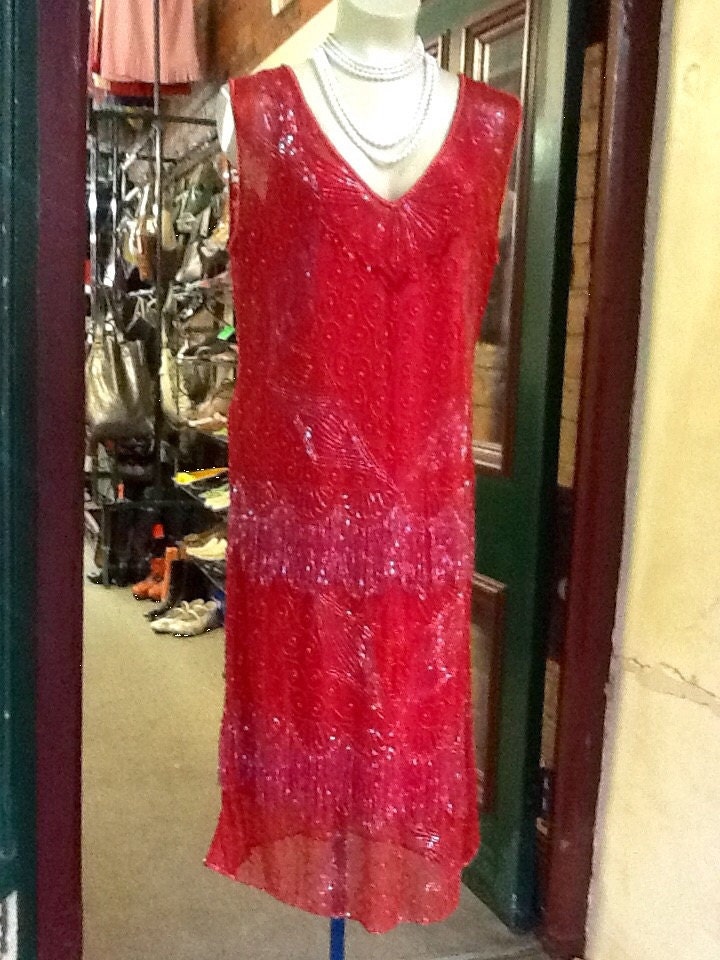red beaded flapper dress Red Ibsen Beaded Flapper Dress 1920's, Women's Costume Rental 7 Days / Medium / Red