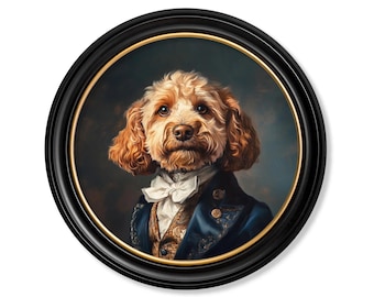 Sir Barkington Cockerpoo Circle Print with Black and Gold Round Frame