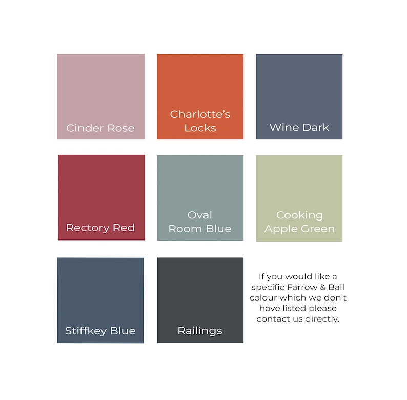 Pode incluir: Uma carta de cores com 9 amostras de tinta. As cores s&atilde;o: Cinder Rose, Charlotte's Locks, Wine Dark, Rectory Red, Oval Room Blue, Cooking Apple Green, Stiffkey Blue, Railings. O texto "Se voc&ecirc; gostaria de uma cor espec&iacute;fica da Farrow & Ball que n&atilde;o est&aacute; listada, entre em contato conosco diretamente." est&aacute; na parte inferior da carta.