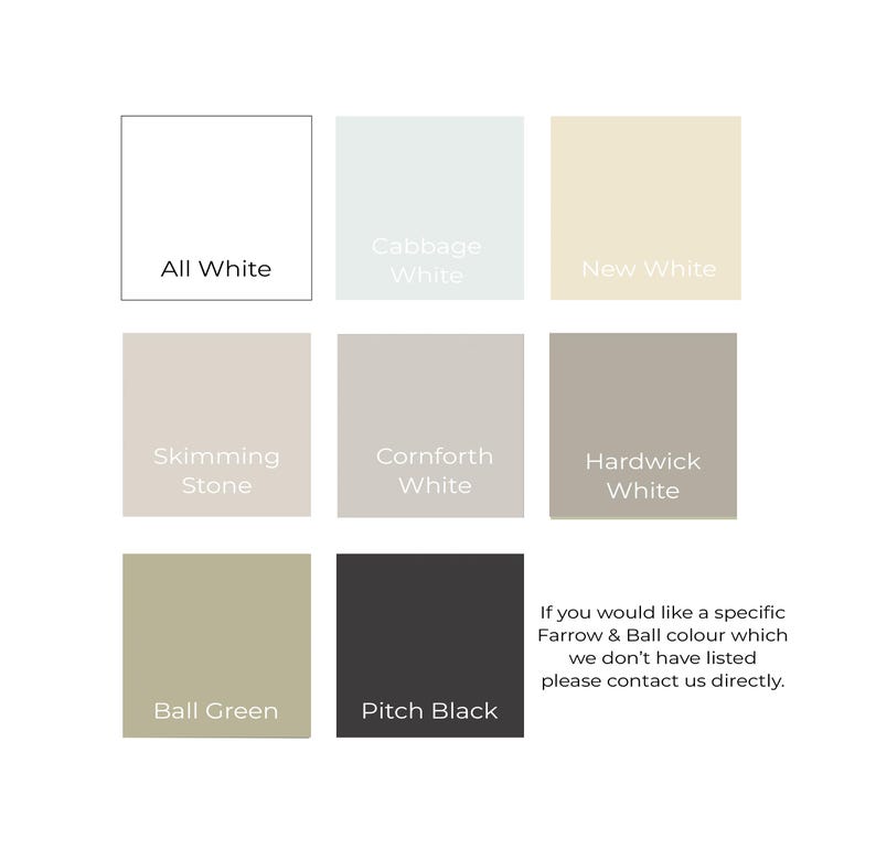 Pode incluir: Uma carta de cores que mostra 10 cores de tinta diferentes da Farrow & Ball. As cores s&atilde;o: All White, Cabbage White, New White, Skimming Stone, Cornforth White, Hardwick White, Ball Green e Pitch Black. A carta tamb&eacute;m inclui o texto: "Se voc&ecirc; gostaria de uma cor espec&iacute;fica da Farrow & Ball que n&atilde;o est&aacute; listada, entre em contato conosco diretamente."