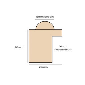 Pode incluir: Diagrama de uma moldura de imagem com um bobbin de 15 mm, 20 mm de largura e uma profundidade de rebate de 16 mm.