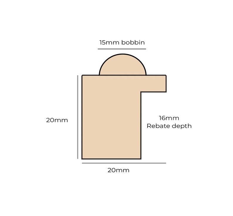 Pode incluir: Diagrama de uma moldura de imagem com um bobbin de 15 mm, 20 mm de largura e uma profundidade de rebate de 16 mm.