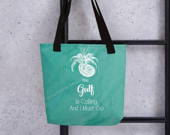 Gulf Calling Beach Tote Bag: Turquoise Crab Design