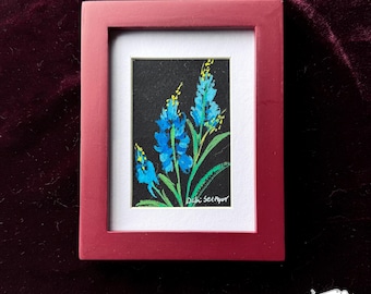 Blue Wildflower Gouache Painting: Small Framed Original Art