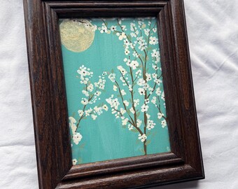 Framed Cherry Blossom Gouache Painting: Original Wall Art (9.5x7.5 inches)