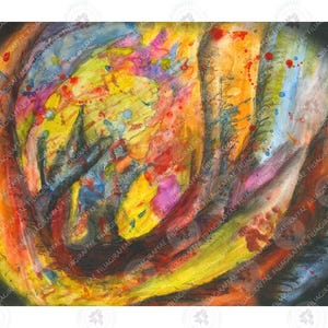 Abstracte regenboog bomen bos aquarel houtskool tekening schilderij poster Wall Art Print 8 x 10