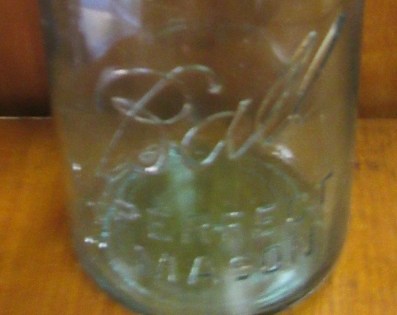 Antique blue Ball Mason jar with zinc porc. lid